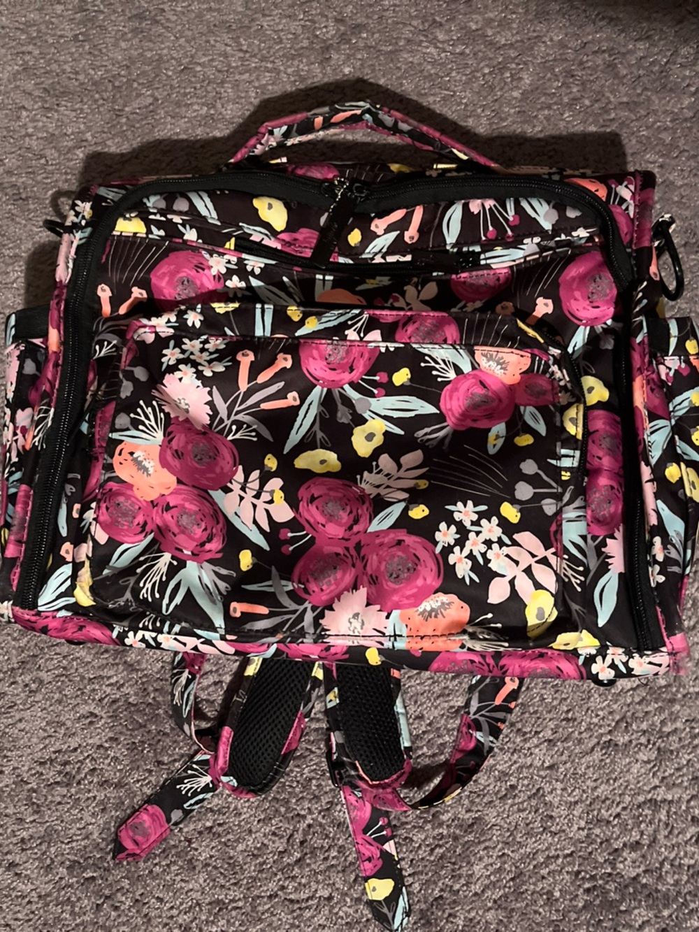 Jujube Rare Floral Print Pink Multi BFF DiaperBag Backpack Black and Bloom